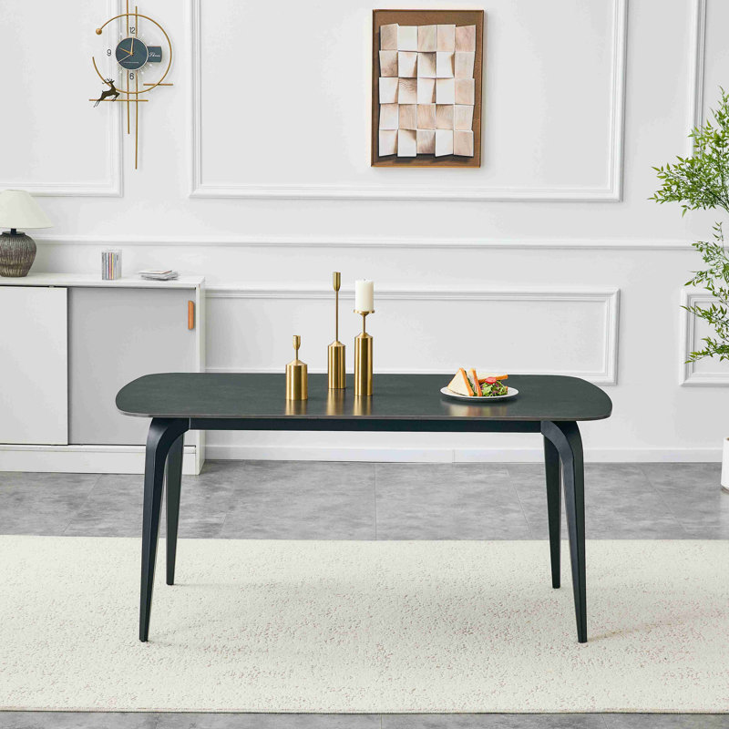 Table de salle à manger rectangulaire moderne, plateau en pierre frittée de qualité supérieure avec base en métal robuste, table de cuisine et de salle à manger résistante à la chaleur et aux égratignures (1 table)