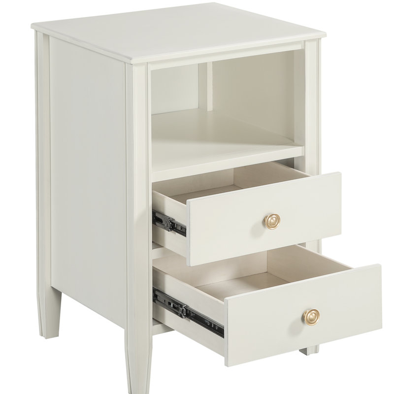 2 tables de chevet blanc antique avec or brossé, glissières de tiroir latérales en métal, tablette ouverte pour le rangement, pieds fuselés cannelés au sol et aucun assemblage requis avec 2 tiroirs en blanc, glissières lisses