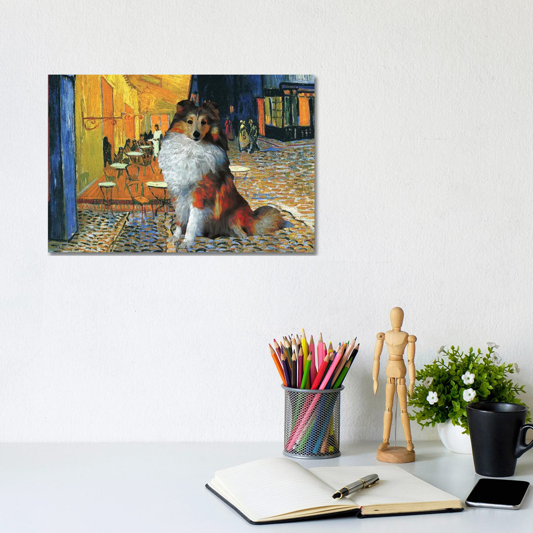 Shetland Sheepdog Sheltie Café Terrace at Night - Wrapped Canvas Art Prints