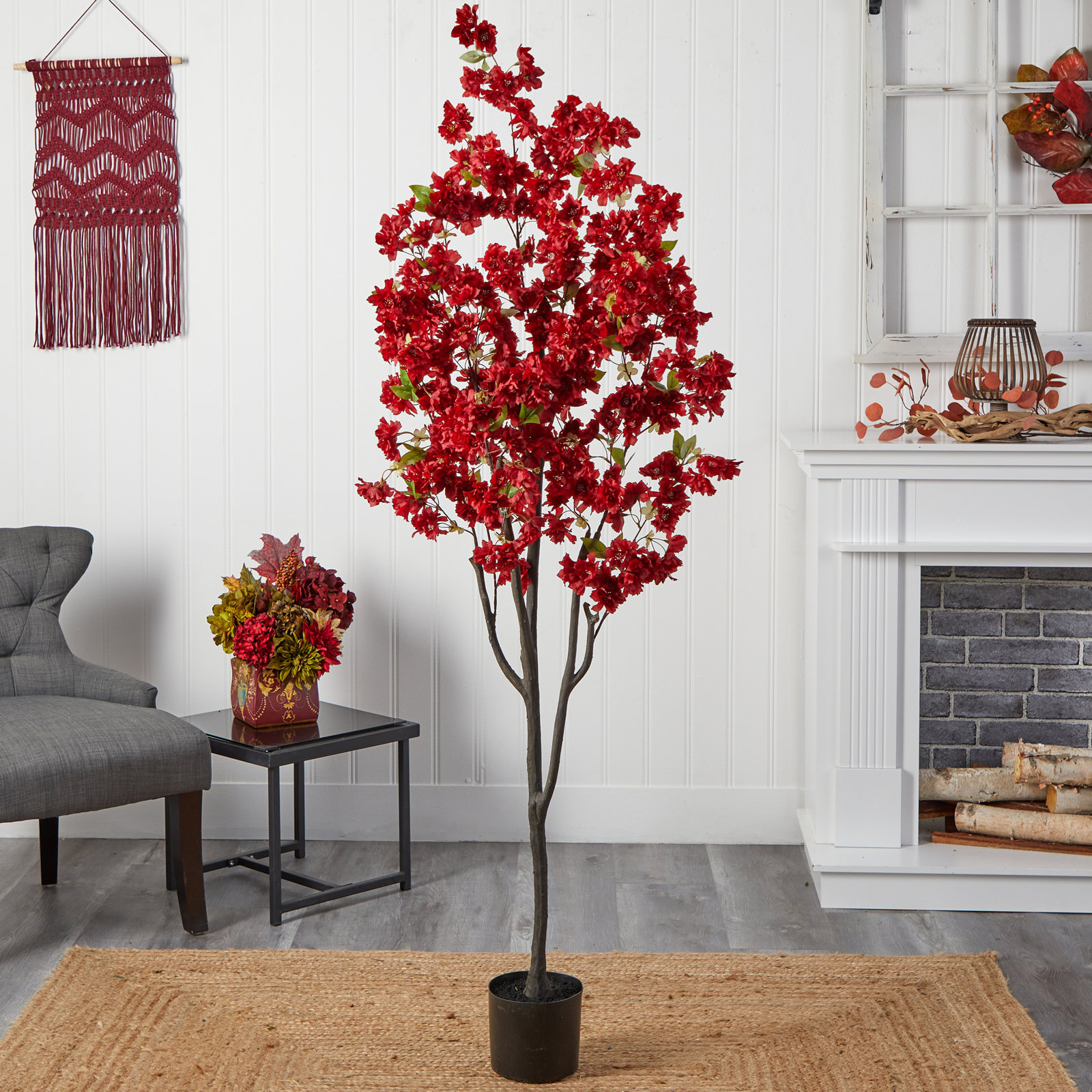 Faux Cherry Blossom Tree in Planter, 72" H x 31" W x 10" D, Red