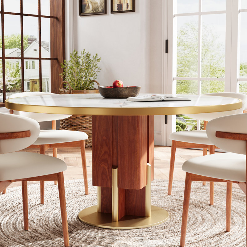 53" Sintered Stone Round Dining Table For 6-8, Solid Wood Pedestal & Heavy Carbon Steel Support, Pre-Assembly, Glossy White