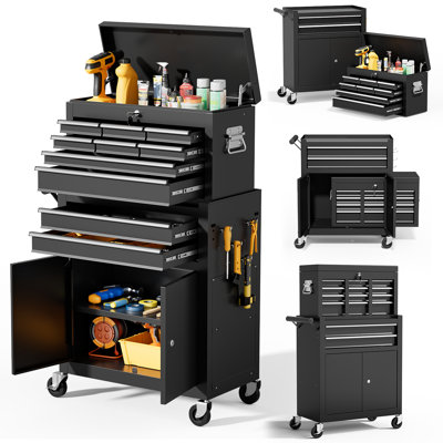 10-Drawers Rolling Tool Chest, 2 in 1 Lockable Tool Box with Drawers, High-Capacity Mechanic Tool Organizer, Adjustable Shelf & Detachable Top Cabinet for Workshop Garage
