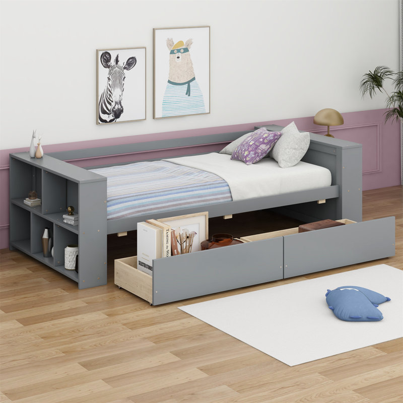 Lit de jour avec tablettes et tiroirs, Gris