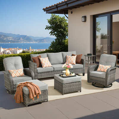 All - Weather Wicker Outdoor Furniture SetComfortable 6 - Piece Patio Seating Group with Rotating Chairs, Sofa & ottoman