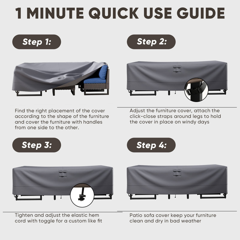 Carolina All-Weather Water Resistant Patio Sofa Cover With Breathable Fabric, 4 Adjustable Elastic Hem, 2 Click-Close Straps & Padded Handles – Windproof, UV Protected