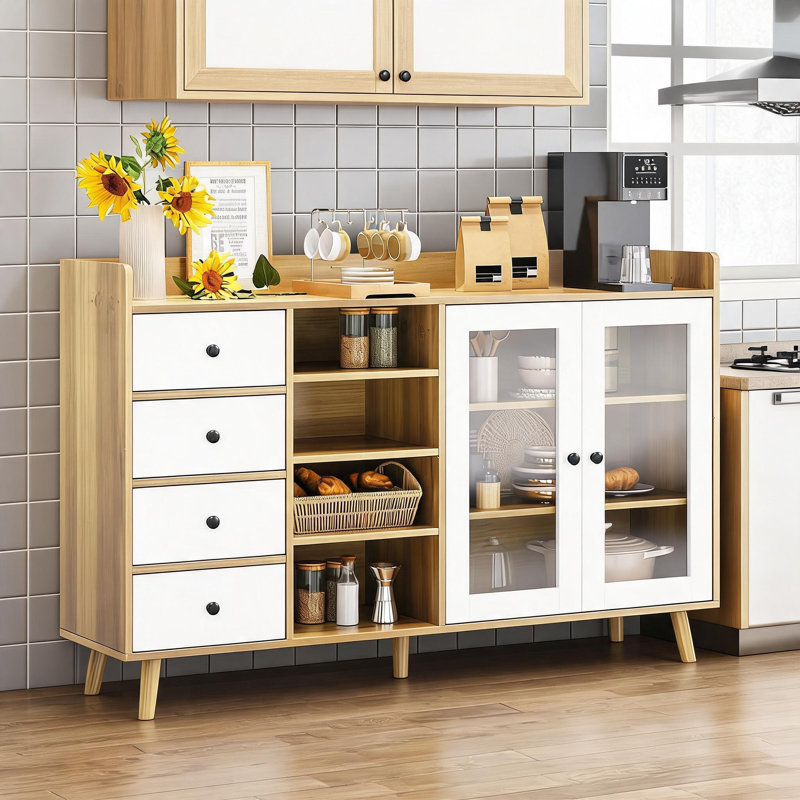 Buffet moderne en bois de ferme de 55 po avec portes en verre - tablettes réglables, crédence de rangement pour la salle à manger et le salon, café, naturel