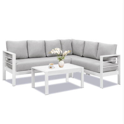 4-Piece Modern Aluminum Sectional Patio Conversation Set,  7-Seat Outdoor Sofa With  Thick Light Gray Cushions & White Frame And Coffee Table