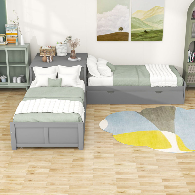 Divyanshi Twin Size L-shaped Platform Bed with Trundle and Drawers, Gray