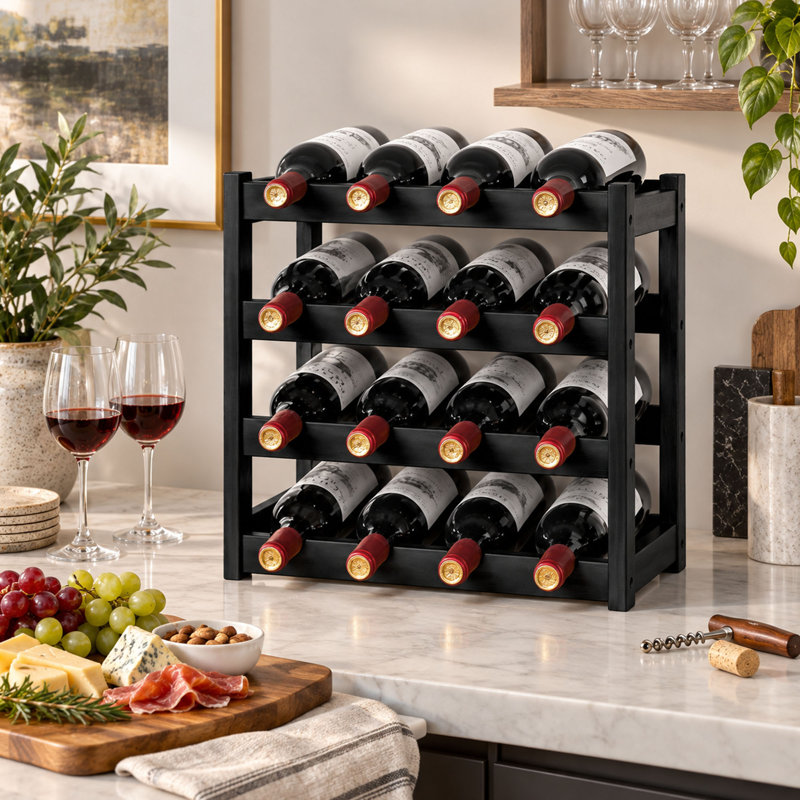 Support à vin 16 bouteilles à 4 niveaux pour comptoir en bambou avec rangement Wave