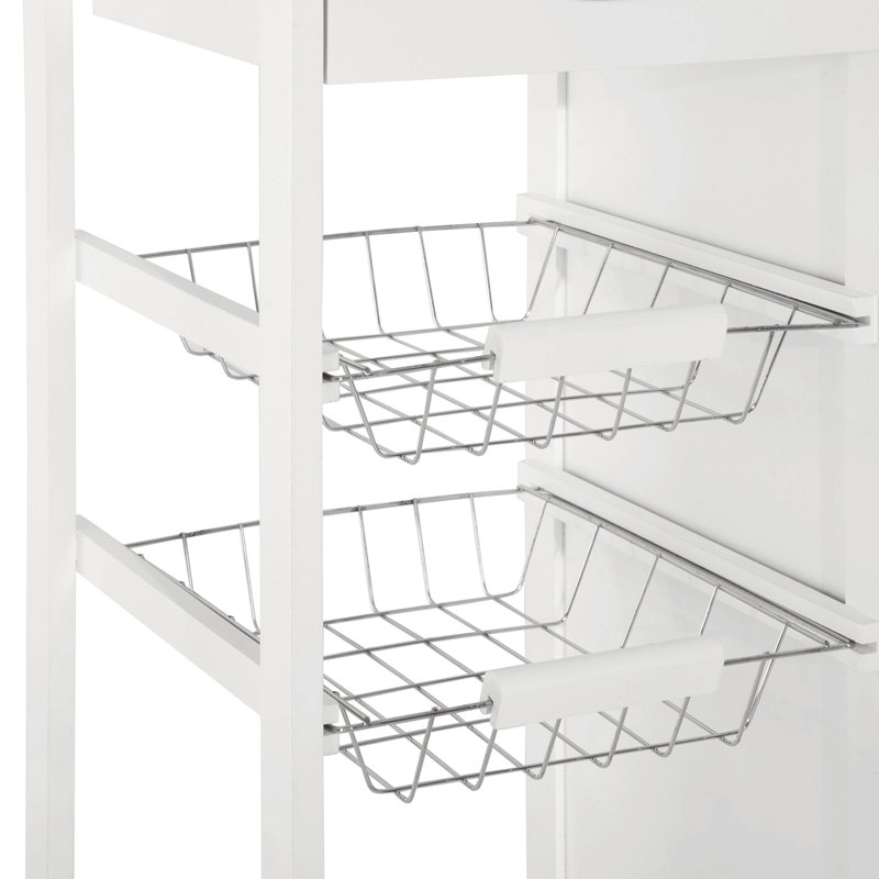 Îlot de cuisine 28 po avec rangement, chariot de cuisine avec plateau en bambou massif, panier grillagé, armoire de porte et tiroirs, blanc