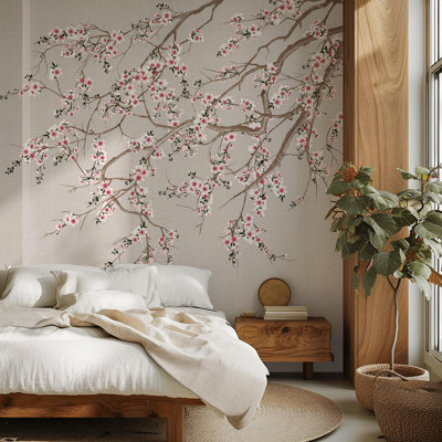 Murale branche de cerisier en fleurs | Papier peint floral japonais japonais Sakura | Non tissé ou pelez et collez