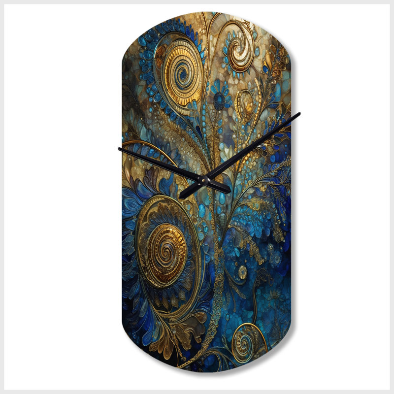 Horloge murale asymétrique en métal bleu et doré - Boho Feather, Petit