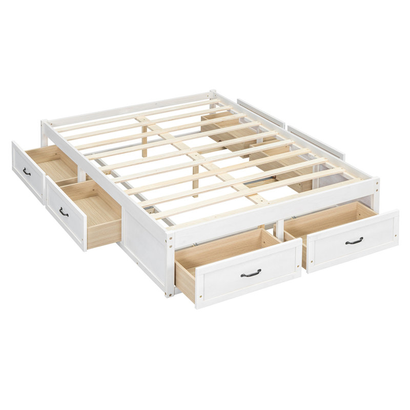 Lit plateforme double avec 6 tiroirs de rangement, Blanc antique, Lit double