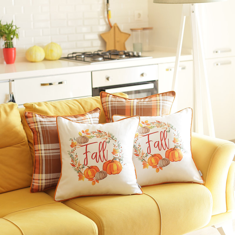 Fall Plaid and Pumpkin Polyester Throw Pillow Covers 18x18 Set of 4