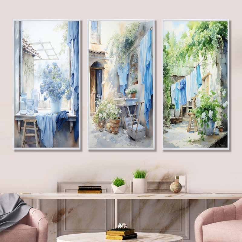 Ensemble de 3 impressions murales en Wash Wash Blues In France I - Laundry, Cadre flottant blanc, H 40 po x l 60 po