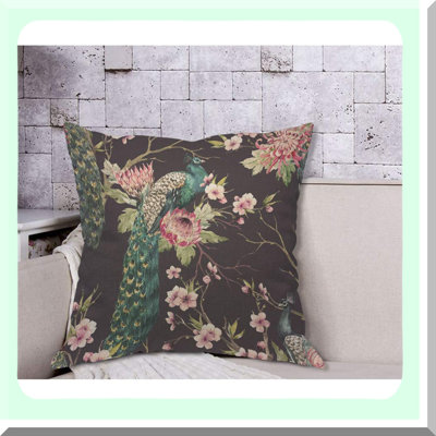 Cherry Blossom Peacock Wings Pillow Cover - Floral Botanical Decorative Cushion Case for Home Couch Bed - Linen Square