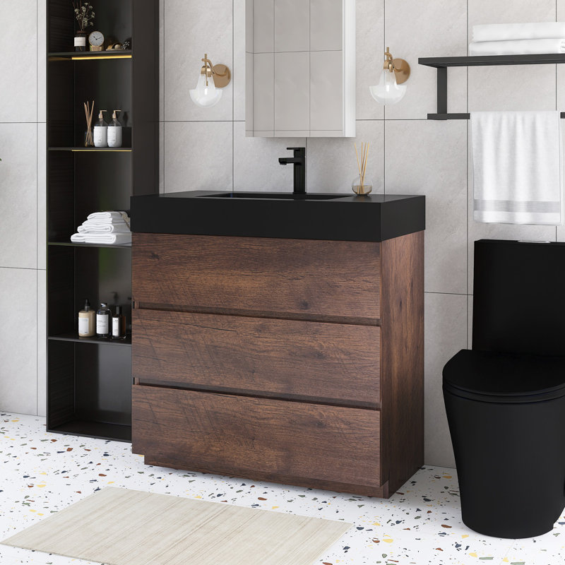Meuble-lavabo sur pied 36 po avec plateau en résine intégré, Noyer