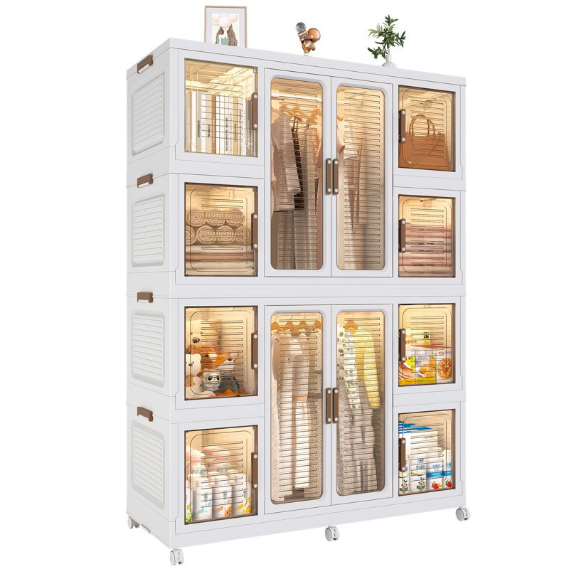 Grand garde-robe de rangement portatif avec 2 tringles et 12 organisateurs blancs. Tringles, portes magnétiques. Range les vêtements et les articles. Pp et ABS fiables Assemblage rapide.