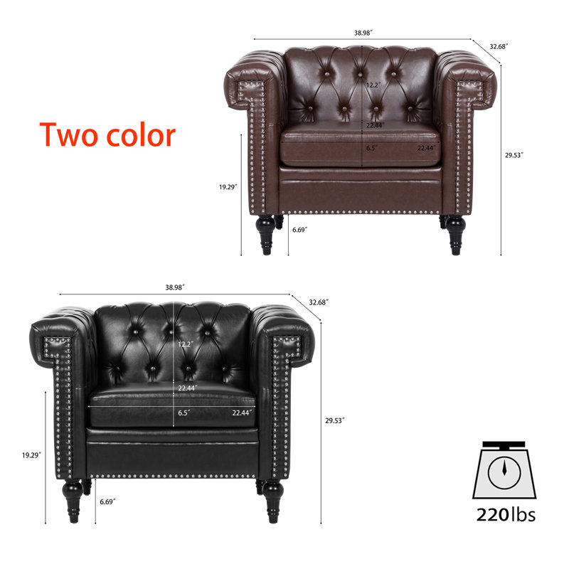 Upholstered Sofa  Button Tufted, PU Chesterfield Accent Chair For Living Room Apartment, 1 Seat  ,PU Black, Similicuir brun