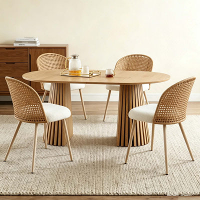 5PCS Bohemian Style Dining Set, Solid Wood Stretching Dining Tabl+4 Wicker Back Dining Chairs