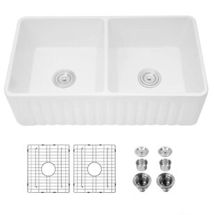 Pdpbath 33'' L Farmhouse / Apron Double Bowl Ceramic Kitchen Sink