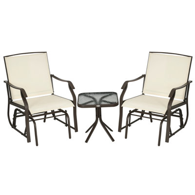 Outsunny 3 Piece Outdoor Glider Chair With Coffee Table Bistro Set, 2 Patio Rocking Swing Chairs With Breathable Sling Fabric, Glass Tabletop, For Backyard, Garden And Porch, Cream White