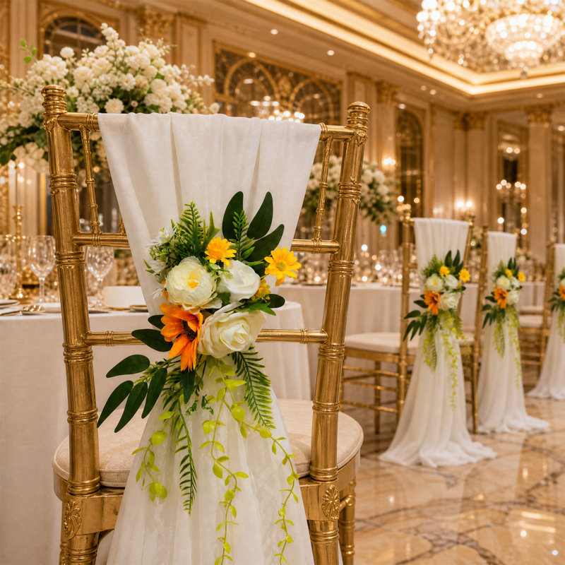 Paquet de 6 décorations de dossier de chaise artificielle jaune, fleurs de cérémonie d'allée de mariage avec rubans et accessoires de fixation