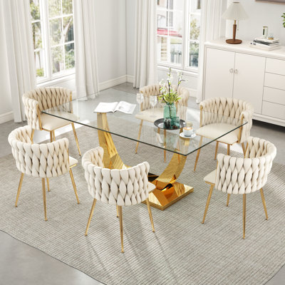 Ensemble de salle à manger rectangulaire à piédestal avec chaise tissée