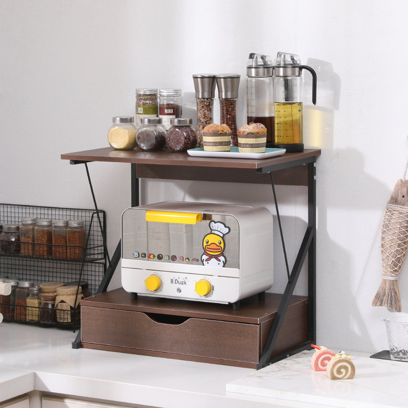 2 Tier Shelving Stand Rack with Drawer for Kitchen Household Storage Organizer , Home Office Desktop Shelf Printer Rack Free Standing Metal Frame Wood Tabletop