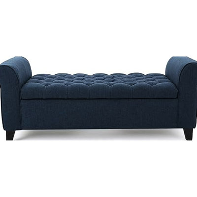 Versatile Storage Seat With Button Lid And Rolled Arms, Navy Blue Fabric Modern Bench Pattern Elegant