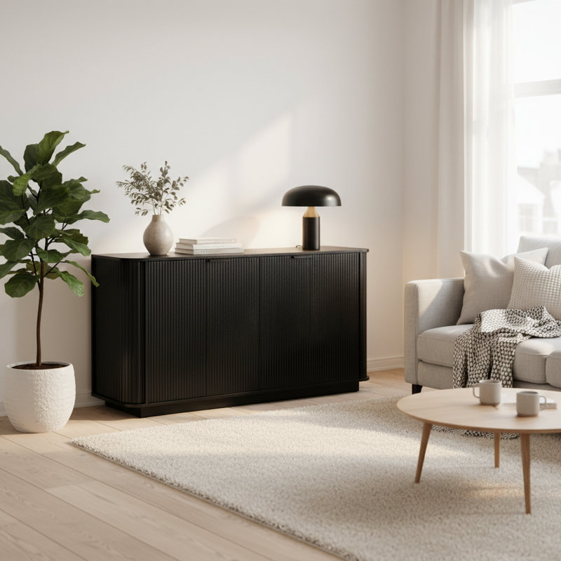 Buffet 63 po à double porte ondulée avec tablettes réglables, convenant à la cuisine, au salon et au couloir, Noir