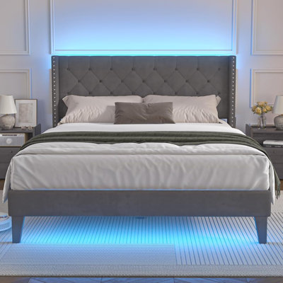Full Size Upholstered Platform Bed Frame with Wingback Headboard, Diamond Tufting, and LED Lights - Wood Slat Support, No Box Spring Needed, Easy Assembly, Noise-Free, Grey