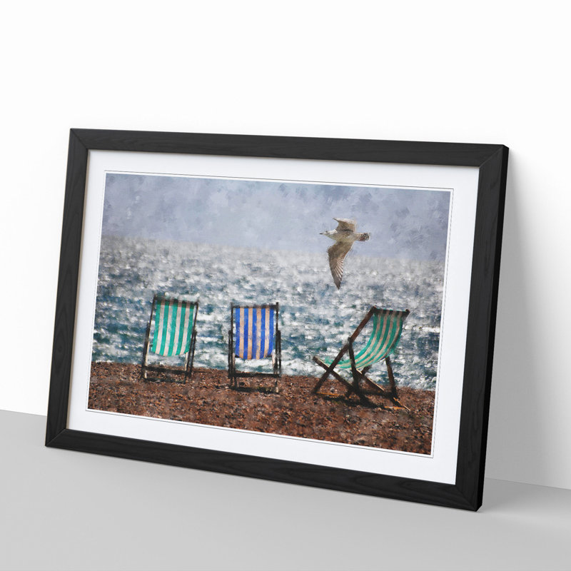 Seagull over Brighton Beach Deckchairs - Picture Frame Graphic Art, 27cm H x 36cm W x 2cm D, Black Framed