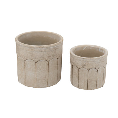 S/2 Cream Sand And Cement Planters With Arched Patterns L:7.5X7.5X7" S:6X6X5.5"