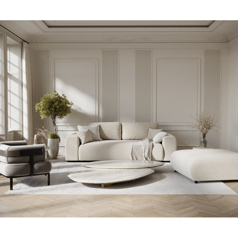 Three-seater square arm sofa, Beige Boucle
