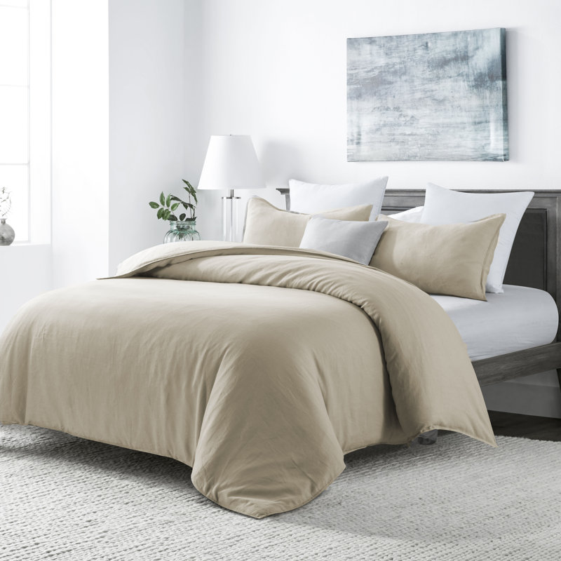 Light Taupe Linen Blend Queen Duvet Cover Set with Pillow Shams