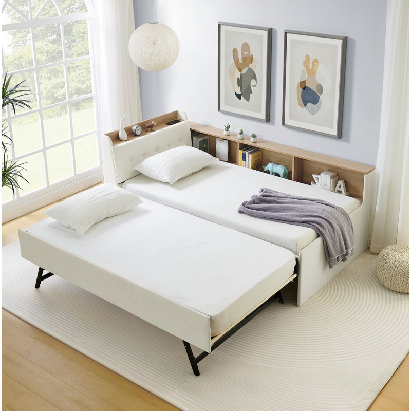 Lit de jour multifonctionnel avec deux tiroirs de rangement et lumières DEL, chargement sans fil, Beige