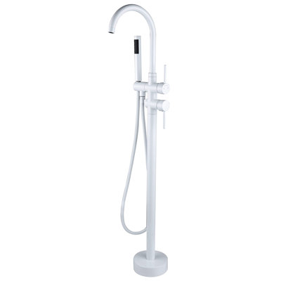Freestanding Bathtub Faucet With Hand Shower In White Metal. 46In Depth, 6.5In Width. Craftsmanship, Corrosion Resistance. Full Body Spray For Pleasant Bathroom. Upgrade Bathroom Appearance Metal &