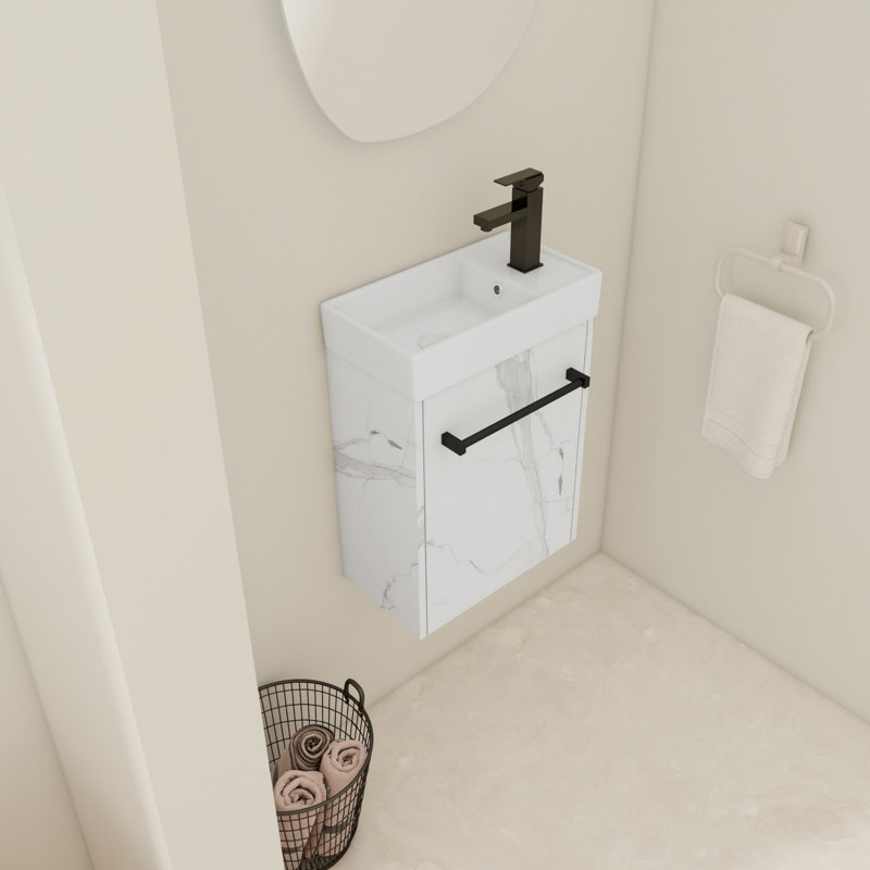 Meuble-lavabo flottant mural avec lavabo en céramique, Blanc