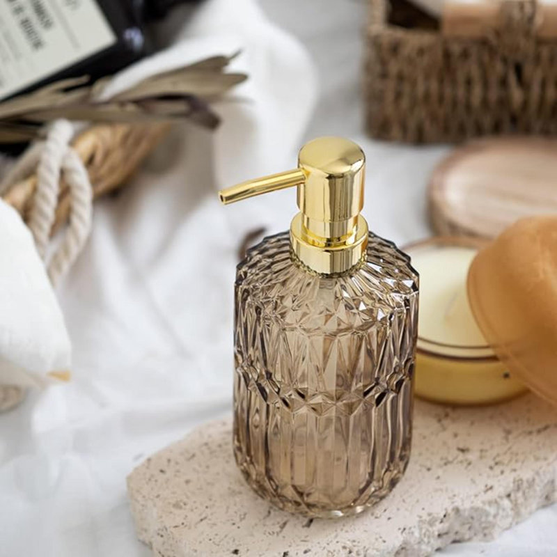 Distributeur de savon en verre transparent avec pompe en plastique ABS, distributeur de lotion en cristal pour évier de cuisine, salle de bain (brun)
