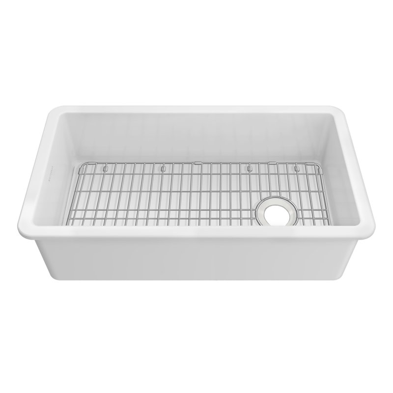 Whitehaus Collection Undermount Single Bowl Fireclay Kitchen Sink with Stainless Steel Grid, 34", White