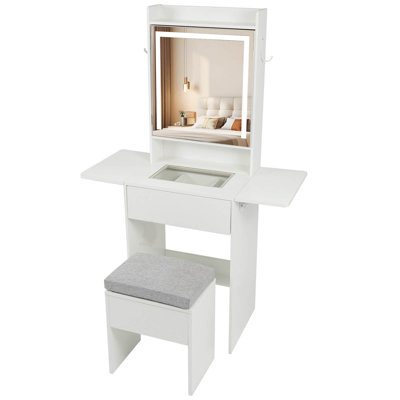 Vanity Desk with Mirror & Lights, Stool, 2 Drop Leaf Tables, Charging Station White