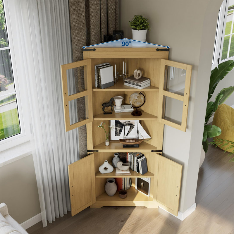 Tall Corner Cabinet, Farmhouse Corner Storage Cabinet with Glass Door & Adjustable Shelves for Living Room, Kitchen & Bathroom