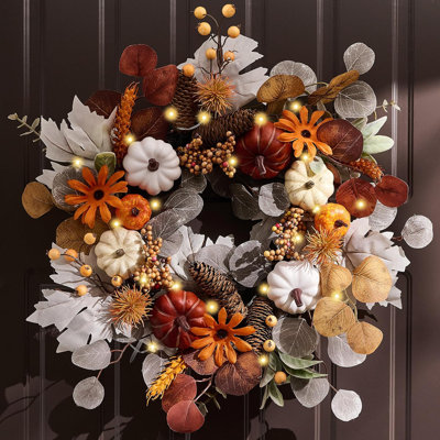  Fall Wreath with Lights for Front Door, 18" Autumn Door Wreath with White Pumpkins Silk Maple Leaves, Outdoor Fall Halloween Decorations for Home Porch Thanksgiving Harvest Table Decor