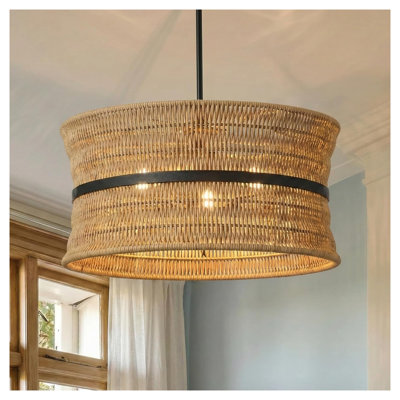 4-Light Boho Rattan Chandelier, 18" Woven Pendant Light with Black Fabric Accent, Natural Beige Ceiling Fixture for Dining Room and Living Room