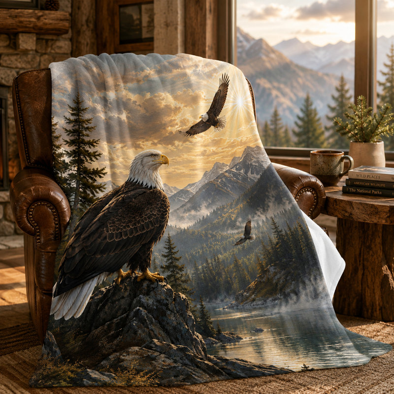 Couverture Eagle Lake avec motif de paysage de forêt montagneuse, jeté de lit en flanelle réaliste avec aigle perché, idéal pour se détendre sur un canapé, un lit ou à l'extérieur, 152 x 203 cm