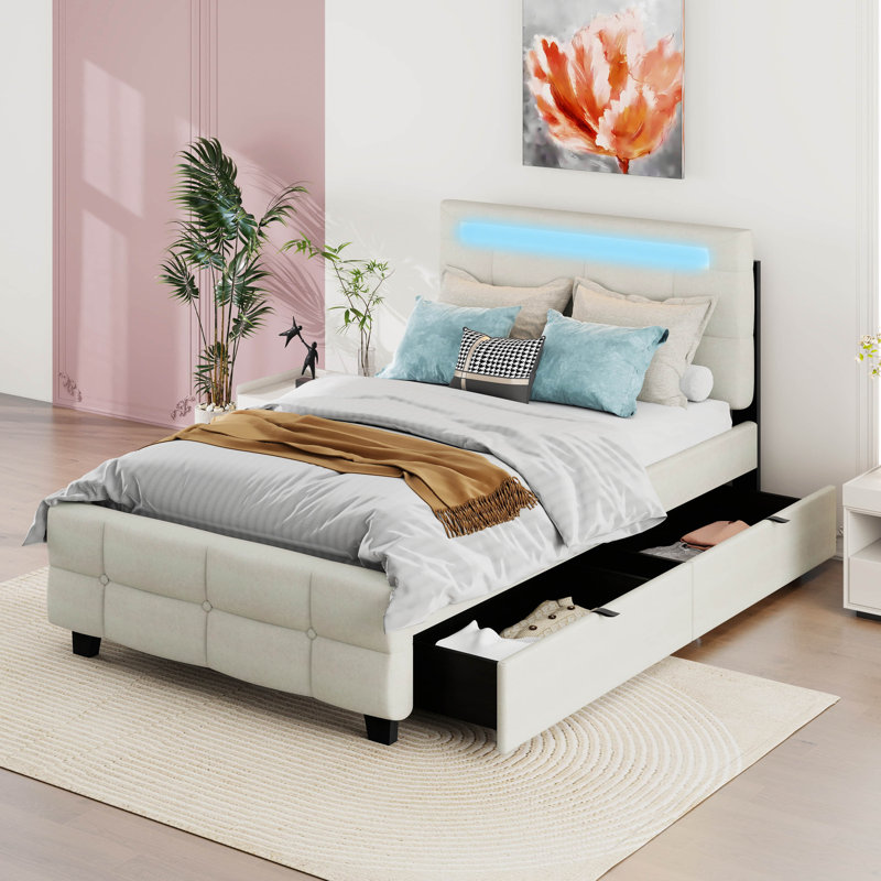 Lit plateforme tapissier simple avec lumière DEL et 2 tiroirs, lit plateforme avec tête de lit en tissu de lin, Beige