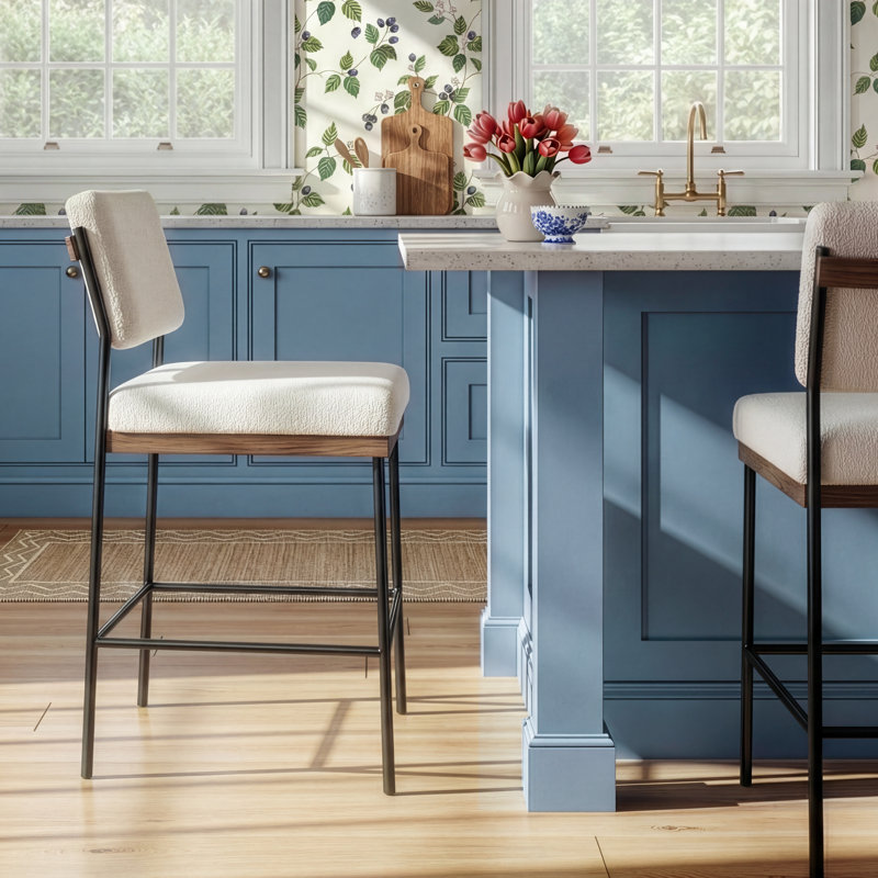 Popovich Upholstered Counter Stool with Metal Frame, Fayette Cloud/Polyester Blend, Counter Stool (26.42" Seat Height)