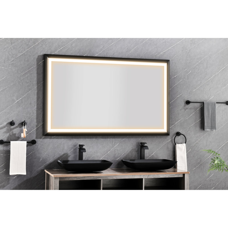 Miroir de salle de bain 84 po x 48 po à DEL, fixation murale, brouillard, 3 lumières de couleur, gradation continue, aluminium noir mat avec modes 84 températures de 48 po, fonction brouillard