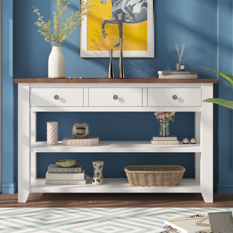 Console en bois massif 48,82 po Emer, Blanc, Brun